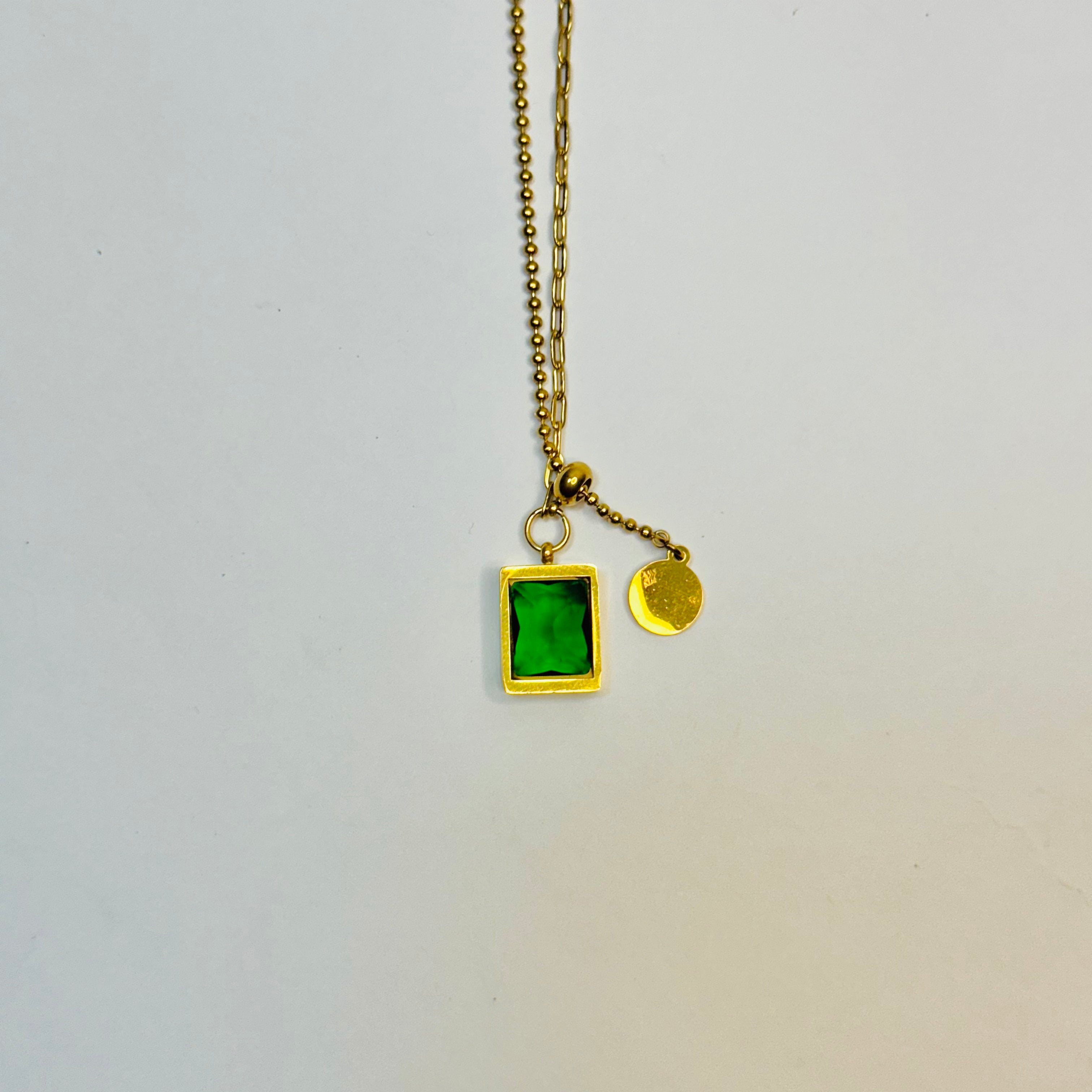 Elegant Golden Clover Necklace with Green Stone Inlay